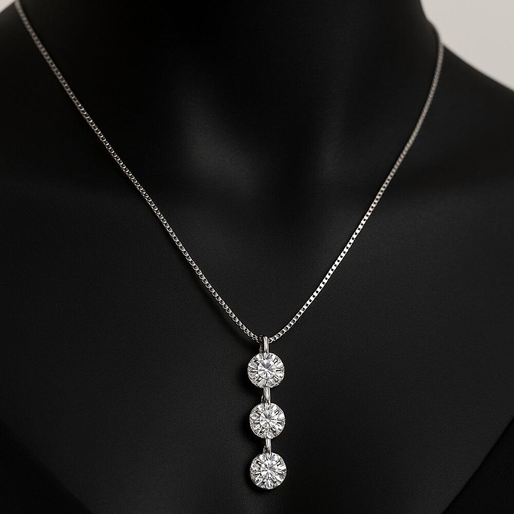 Necklace - Swarovski Crystal  - Triple Stones Drop Pendant, Rhodium Overlay, 18" - Picture 3 of 13
